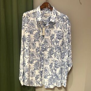 Bugatchi Blue and White Linen Floral Men's Shirt